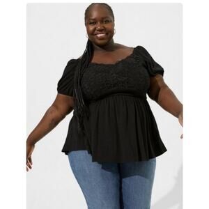 Torrid Womens Babydoll Top Plus Size 2X Black Lace Peasant Romantic Fall NEW